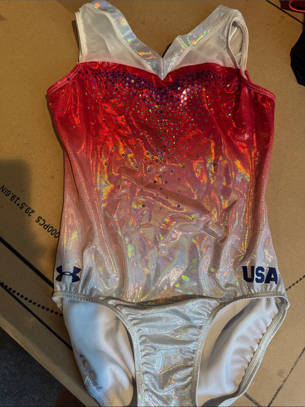 Under Armour Girls Red and White Iridescent Gymnastics Leotard with Rhinestones